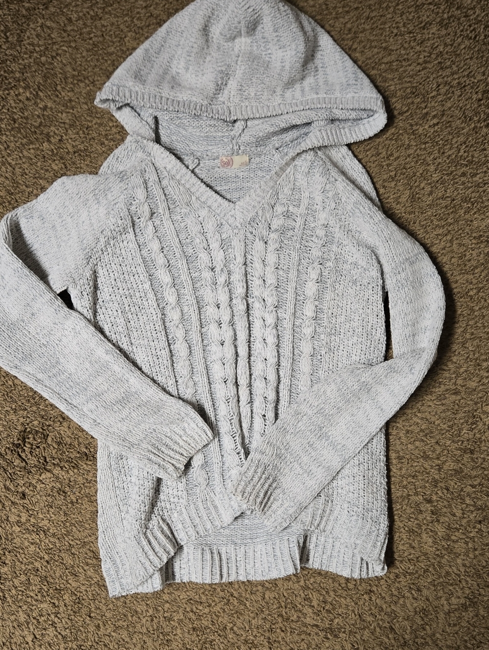 SO Light Gray Hooded Cable V-Neck Sweater